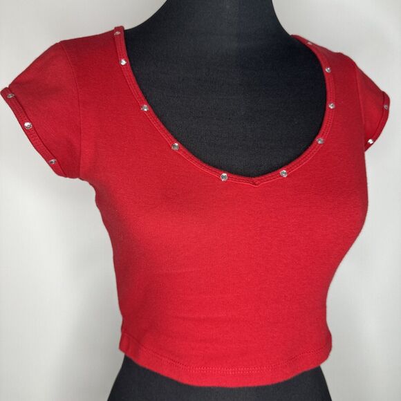 VTG Y2K One Step Up Crop Top Shirt Size M Red V Neck Rhinestones Mcbling 90s USA - Picture 1 of 7